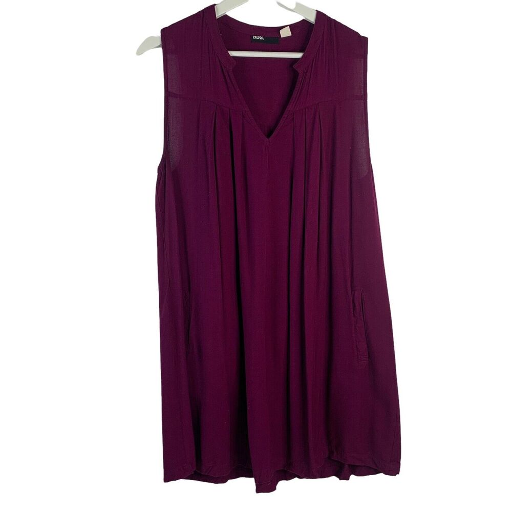 BDG Size L Tunic Top Fuchsia Sleeveless V-neck Pleated Front Long Blouse Pockets
